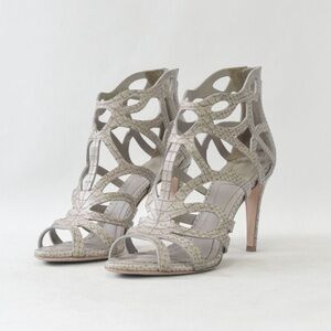 CHRISTIAN DIOR Paradis Python Embossed Leather Sandals Heels 37.5 Grey Cut Out